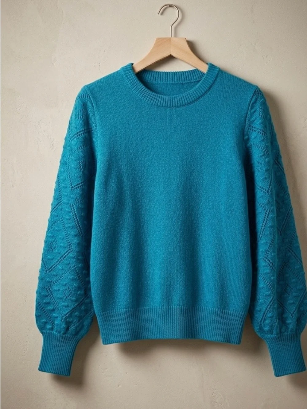 NWT Nanette Lepore Pointelle Balloon Sleeve Teal Green Crewneck Sweater Large